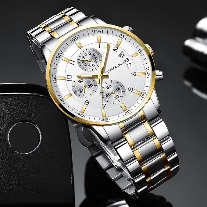 CRRJU Men's Fashion Stainless Steel Watches Date Waterproof Chronograph Wristwatches,Black Steel Band Waterproof Quartz Watch for Men