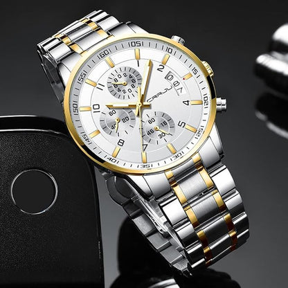 CRRJU Men's Fashion Stainless Steel Watches Date Waterproof Chronograph Wristwatches,Black Steel Band Waterproof Quartz Watch for Men