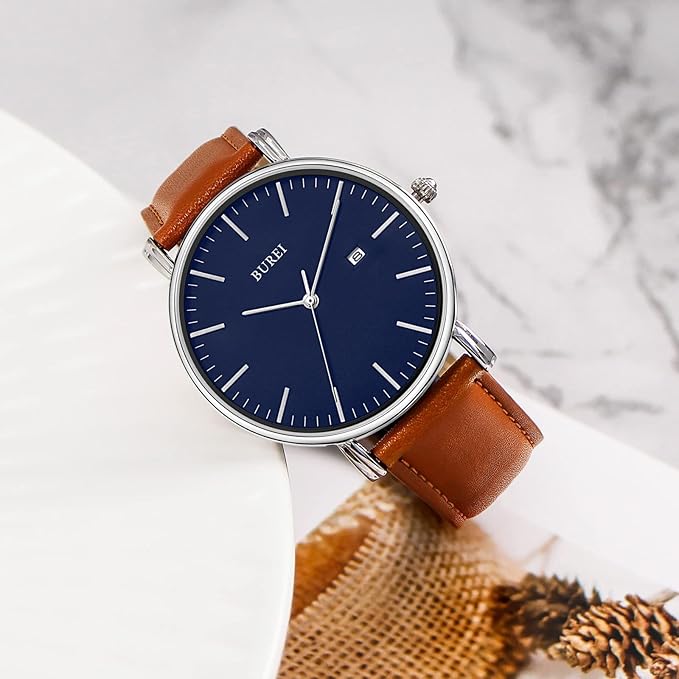 BUREI Men Watches Brown Leather Fashion Minimalist Wrist Watch Simple Ultra Thin Waterproof Quartz Watches All Black Stainless Steel Mesh Band,Gift for Men Women