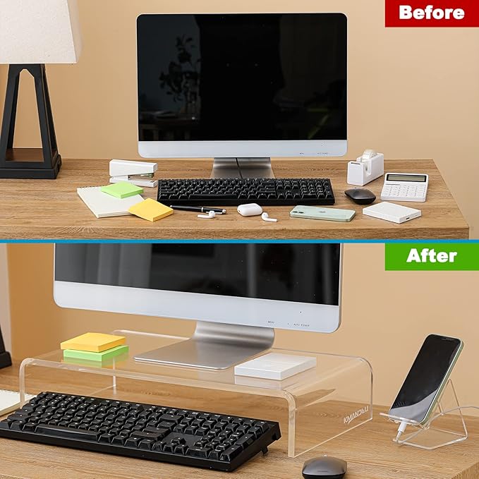 Premium Acrylic Monitor Stand, Extra-Wide Clear Computer Riser 20"x10"x4" – Laptop Stand, Desktop Organizer for Office & Home, TV, Printer, iMac, Laptop – Bonus Acrylic Phone Holder
