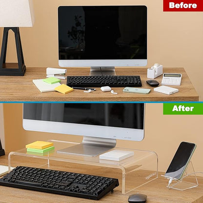 Premium Acrylic Monitor Stand, Extra-Wide Clear Computer Riser 20"x10"x4" – Laptop Stand, Desktop Organizer for Office & Home, TV, Printer, iMac, Laptop – Bonus Acrylic Phone Holder