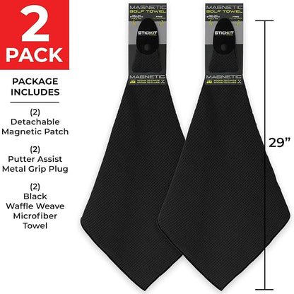 STICKIT Magnetic Towel, Black | 2-Pack | Top-Tier Microfiber Golf Towel with Deep Waffle Pockets | Industrial Strength Magnet for Strong Hold to Golf Carts or Clubs