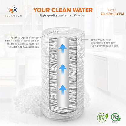 Aquaboon 1 Micron String Wound Water Filter 10x4.5 Replacement - Whole House Water Filter Cartridge Compatible with WP5BB97P,WP10BB97P, AP810, 2-Pack