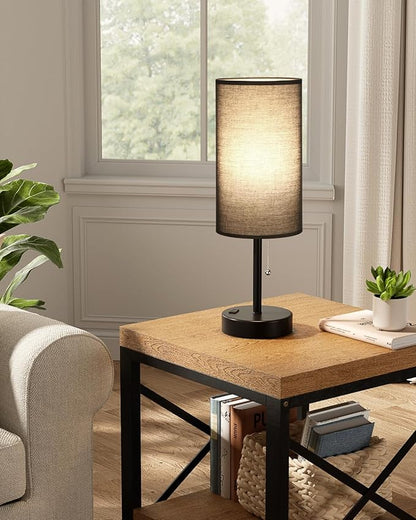Fenmzee Large Black Bedside Lamps Set of 2-3 Color Temperatures Pull Chain Lamp with AC Outlet Charging Port, Two Round Night Stand Lamps for Bedroom Guest Room Office, Bed Side Light
