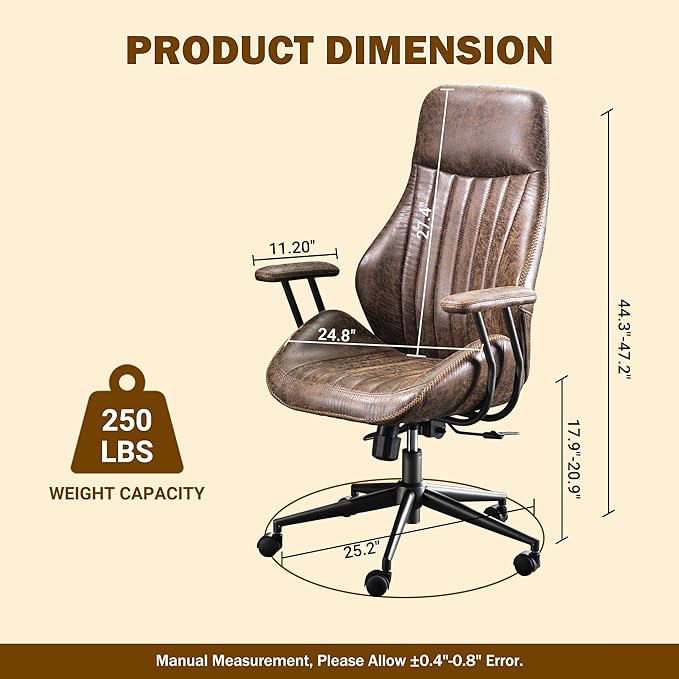 Ergonomic Executive Office Chair with Lumbar Support, Adjustable Height Home Office Desk Chair with Armrests, High Back Padded Headrest Office Chair, Rolling Swivel Computer Gaming Chair,Dark Brown