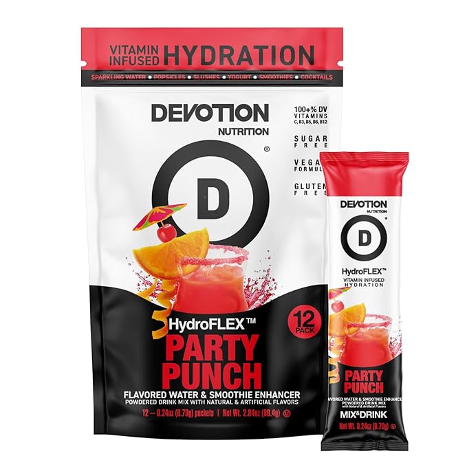Devotion Nutrition HydroFLEX Water Flavoring Packets – Sugar-Free Hydration with Vitamins & Electrolytes – Dye-Free, Gluten-Free (Party Punch) 12-Pack Drink Mix