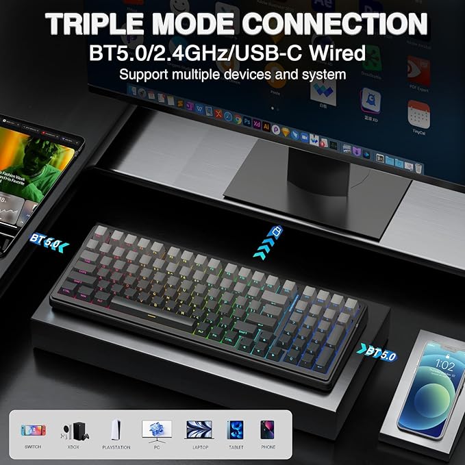 AULA F99 Pro Wireless Mechanical Keyboard,Gasket Structure Hot Swappable Custom Keyboard,RGB Backlit,Creamy Sound,Side Printed PBT Keycaps,2.4GHz/USB-C/BT5.0 Computer Gaming Keyboards