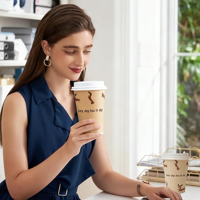 12 oz 25 Pack Disposable Paper Coffee Cups with Lids, Disposable Paper Cups for Cold/Hot Drinks, Leak-Proof To Go Drinking Cups for Office Party Home Picnic & Travel (Doggy Style)