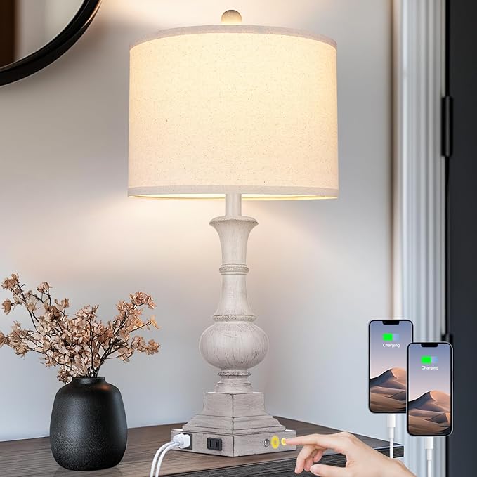 26" Farmhouse Lamp with 2 USB Ports & AC Outlet, Vintage Rustic Touch Control Bedside Lamp, Resin 3-Way Dimmable Nightstand Lamp Fabric Shade for Living Room Bedroom Decor Gray(LED Bulb Included)
