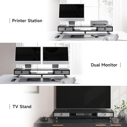 Fenge Dual Monitor Stand with 2 Drawers, 42.5 Inches Large Computer Riser for Desk, Adjustable Height Desk Shelf with Storage for Laptop, PC, TV, Printer