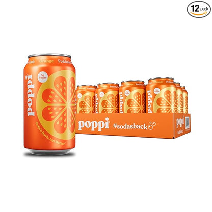 Poppi Sparkling Prebiotic Soda Beverage with Apple Cider Vinegar, Seltzer Water and Fruit Juice, Orange Flavor, 12 oz, Pack of 12, Packaging May Vary