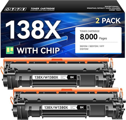 138X Toner Cartridges Black 2 Pack with Chip High Yield - Replacement for HP W1380A W1380X Toner Cateridge - Compatible with HP Laserjet Pro 3001dw 3001fdw MFP 3101fdw Printer Ink