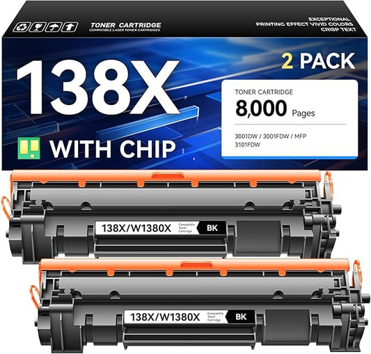 138X Toner Cartridges Black 2 Pack with Chip High Yield - Replacement for HP W1380A W1380X Toner Cateridge - Compatible with HP Laserjet Pro 3001dw 3001fdw MFP 3101fdw Printer Ink