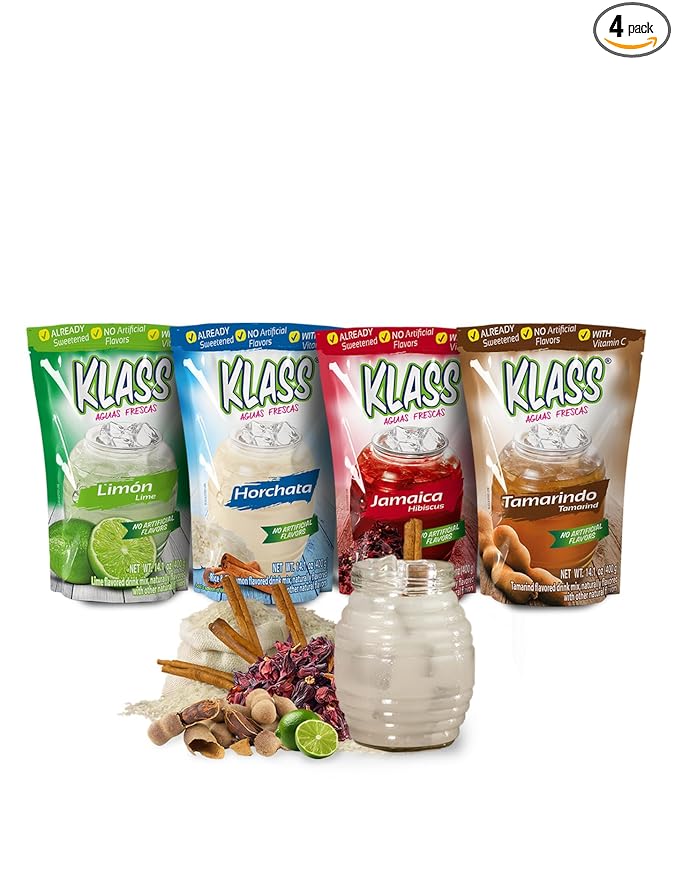 Klass Aguas Frescas, Drink Mix Mexican Variety Pack: Horchata Limeade Hibiscus & Tamarind Drinks | Flavors From Natural Sources With Vitamin C (Makes 7 to 9 Quarts) 14.1 Oz Family Pack (4-Pack)
