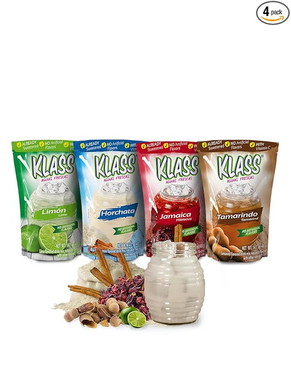 Klass Aguas Frescas, Drink Mix Mexican Variety Pack: Horchata Limeade Hibiscus & Tamarind Drinks | Flavors From Natural Sources With Vitamin C (Makes 7 to 9 Quarts) 14.1 Oz Family Pack (4-Pack)