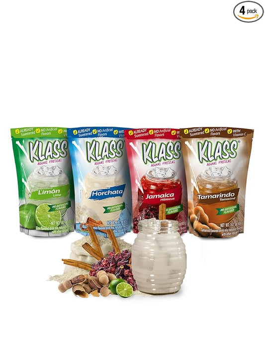 Klass Aguas Frescas, Drink Mix Mexican Variety Pack: Horchata Limeade Hibiscus & Tamarind Drinks | Flavors From Natural Sources With Vitamin C (Makes 7 to 9 Quarts) 14.1 Oz Family Pack (4-Pack)