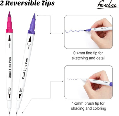 feela 100 Colors Dual Tip Brush Pens with Fineliners Art Markers, Watercolor Dual Brush Tip and Highlighters For Adult Coloring Books, Art, Sketching, Calligraphy, Manga, Journal