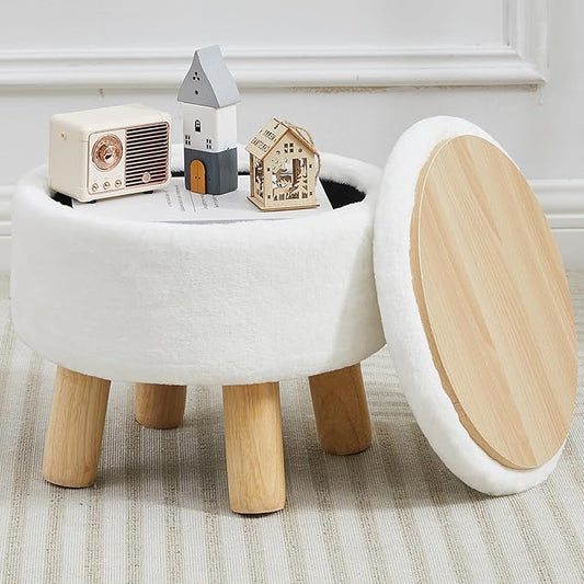 Small Foot Stool Ottoman with Storage, Faux Fur Ottoman Foot Rest for Couch, Round Footstool with Storage, Small Ottomans and Footstools for Living Room and Entryway (White)