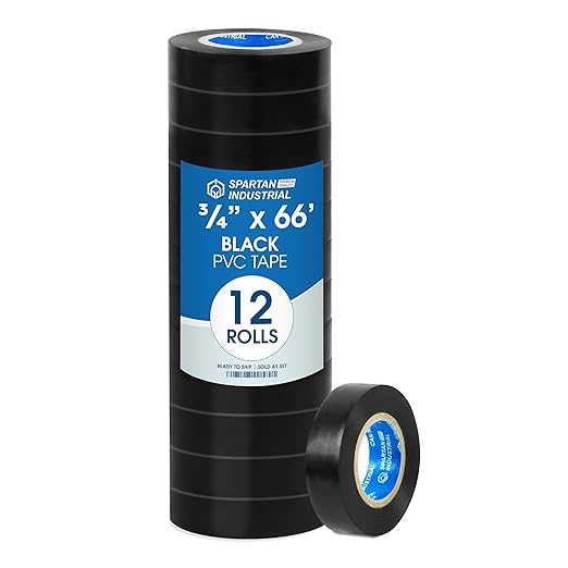 SPARTAN INDUSTRIAL - 3/4" X 66' Black Vinyl Tape - 12 Electrical Tape Rolls for Wire and Cable Bundling, Insulation, Repairing