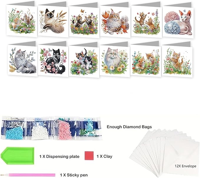 jinglinhh 12pcs Sphynx Cat Diamond Art Painting Kitten in the Flower Garden Greeting Cards with Envelopes, DIY Card Making Kits for Adults, Diamond Art Christmas Birthday Holiday cards Craft Gifts