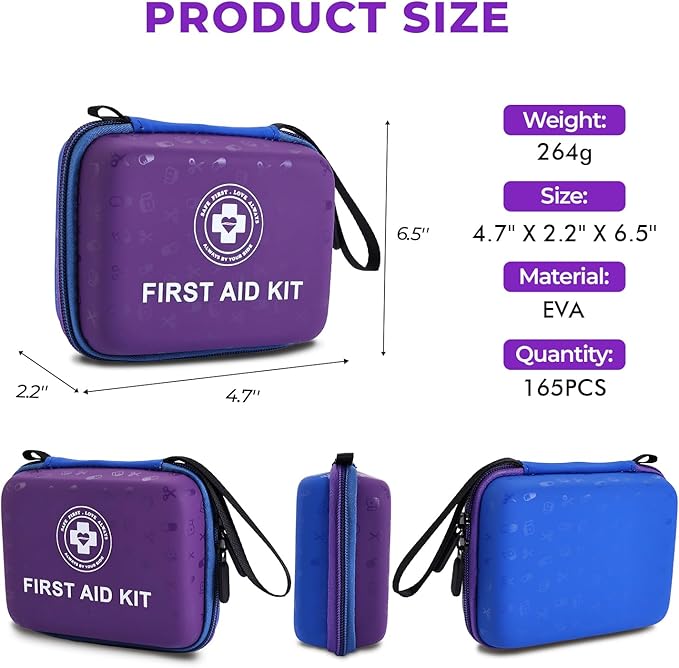 Small First Aid Kit - 165 Piece Dual-Color Emergency Medical Kit with Hard Shell & Fluorescent Exterior Coating, Emergency First Aid Kit for Home, Car, Travel, Hiking & Outdoor(Blue/Purple)