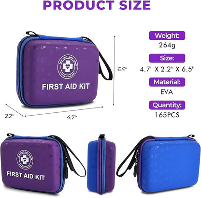 Small First Aid Kit - 165 Piece Dual-Color Emergency Medical Kit with Hard Shell & Fluorescent Exterior Coating, Emergency First Aid Kit for Home, Car, Travel, Hiking & Outdoor(Blue/Purple)