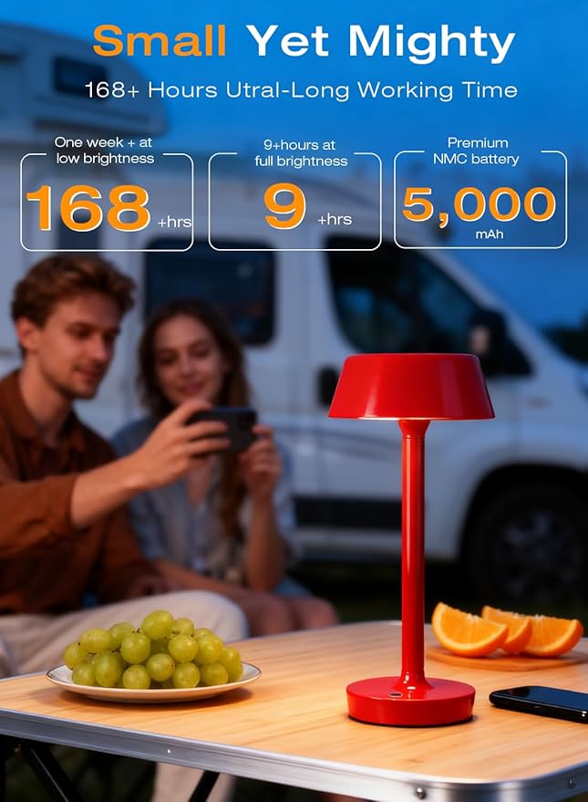 Cordless Rechargeable Table Lamp with Power Charger,Portable LED Desk Lamp,5000mAh Battery Operated,2700K-5700K Tunable,Stepless Touch Dimming for Bedroom Bedside Outdoor Camping,Red