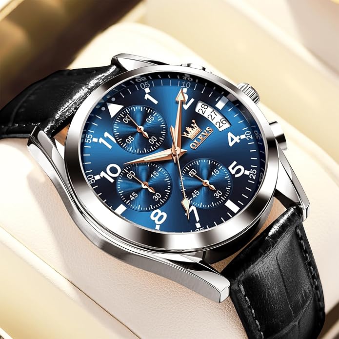 OLEVS Men's Chronograph Leather Watch, Big Face Easy to Read Analog Quartz Dress Watch, Casual Waterproof Luminous Hands Date Watches for Men, White/Blue/Black/Gold Dial