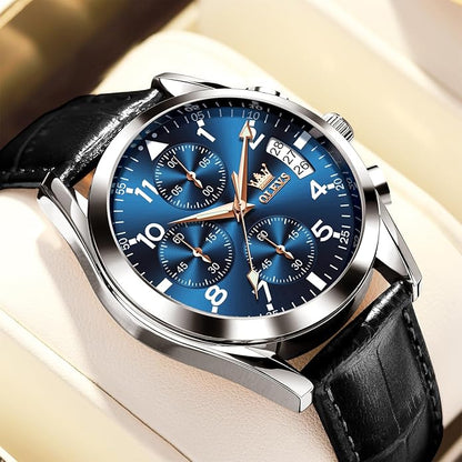 OLEVS Men's Chronograph Leather Watch, Big Face Easy to Read Analog Quartz Dress Watch, Casual Waterproof Luminous Hands Date Watches for Men, White/Blue/Black/Gold Dial