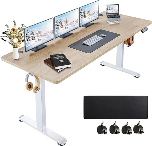 Electric Standing 63 x 24 Inches Adjustable Height Sit Stand Up Desk for Home Office Computer Desk Memory Preset with Wheels, Oak