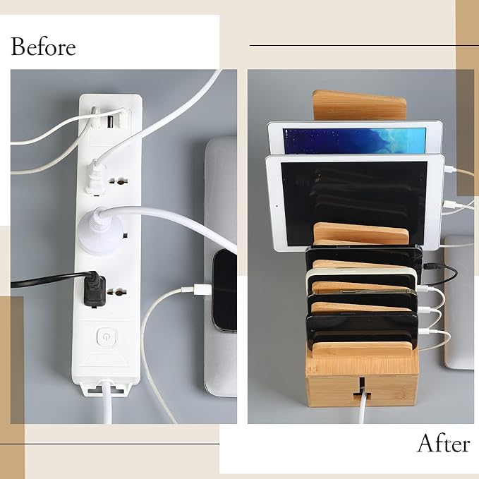 Bamboo Charging Station for Multiple Devices, Cell Phone Docking Charging Station Organizer and Cord Organizer for 10 Devices for Power Strip Storage, Phones and Tablets(Primary Color)