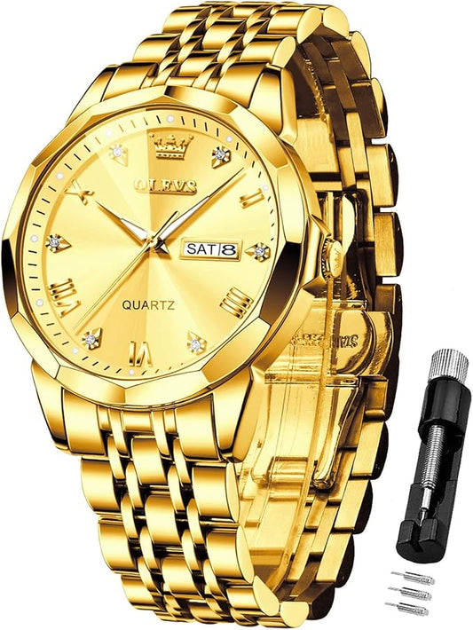 OLEVS Watches for Men Diamond Business Dress Analog Quartz Stainless Steel Date Luxury Casual Fashion Wrist Watch Waterproof Luminous