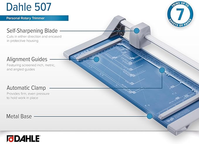 Dahle 507 Personal Rotary Trimmer, 12" Cut Length, 7 Sheet Capacity, Self-Sharpening, Automatic Clamp, German Engineered Paper Cutter