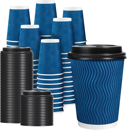 Lamosi 12 OZ Disposable Coffee Cups with Lids 100 Pack, Hot Paper Insulated Corrugated Ripple Wall Cup for To Go Drinks and Beverages
