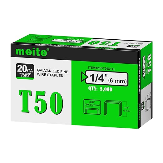 meite T50 Staples, 1/4 Inch Length Heavy Duty Staples for Staple Gun, Galvanized, 20 Gauge 3/8 Inch Crown, Compatible with T50 Staple Gun, Ideal for Upholstery, Construction, Furniture (5,000 Counts)