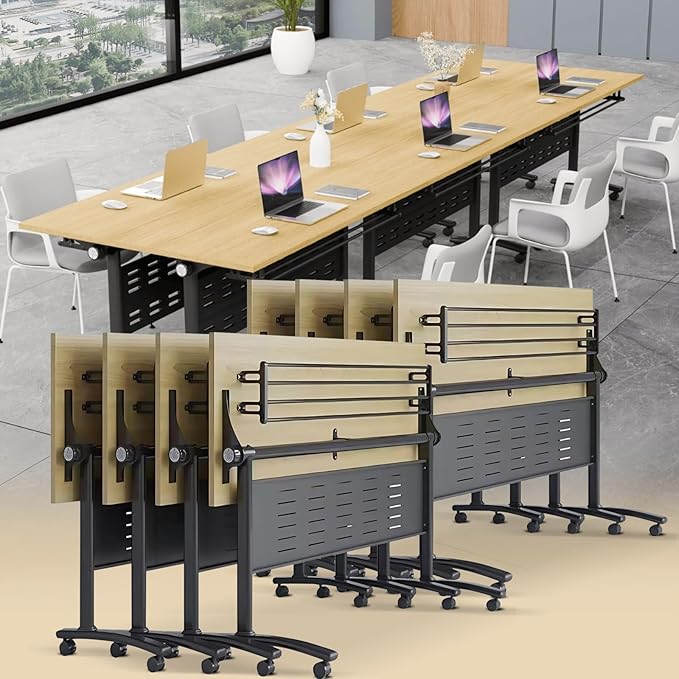 Conference Table Folding Conference Room Tables, Modern Mobile Meeting Training Table with Silent Wheels, Foldable Seminar Table for Offices, Classrooms, Libraries (8, Maple, 61in)