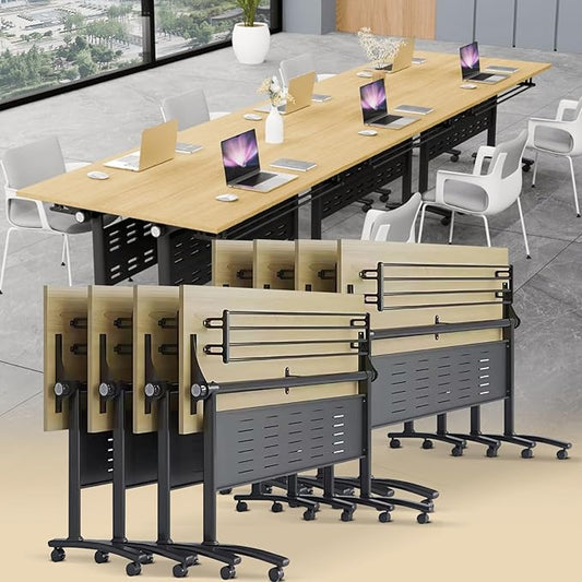 Conference Table Folding Conference Room Tables, Modern Mobile Meeting Training Table with Silent Wheels, Foldable Seminar Table for Offices, Classrooms, Libraries (8, Maple, 61in)