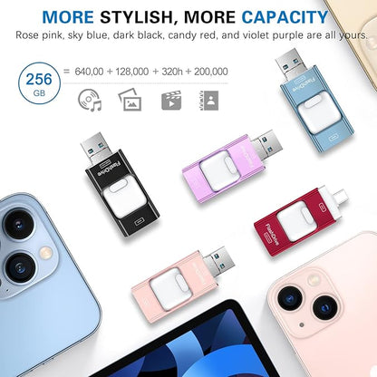 Flash Drive for iPhone 256GB, 4 in 1 USB Type C Memory Stick, Photo Stick External Storage Thumb Drive for iPhone iPad Android Computer, Dark Black