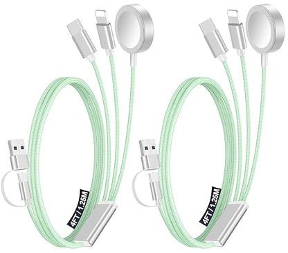 2Pack Multi Charging Cable Cord for Travel Essentials,Apple Watch Charger,iPhone Charger,[3-in-2] Type C/L Cable Portable Designed for iWatch,iPhone 17-8,Galaxy S25-21,AirPods,iPad-4FT Green