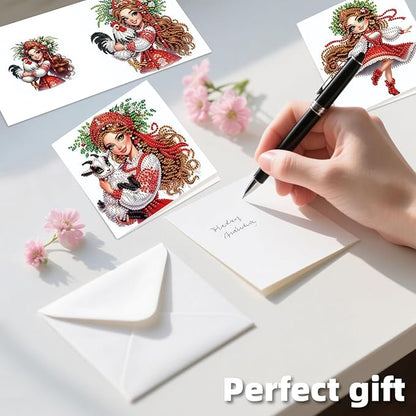 jinglinhh 12pcs Diamond Art Painting Boys and Girl in Red Greeting Cards with Envelopes, DIY Card Making Kits for Adults, Diamond Art Christmas Cards for Birthday Holiday Postcards Craft Gifts