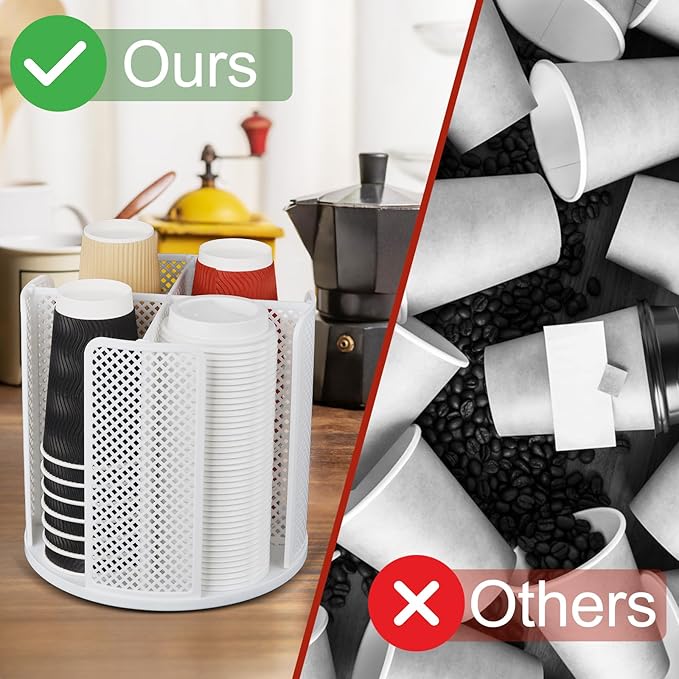 Rotating Cup Dispenser, Coffee Cup Holder with 4 Compartments, Disposable Paper Cup Organizer Fits 5 to 16 oz Cups for Kitchen Cabinets, Detachable Plastic Cup Stand & Lid Holder, White