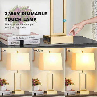 Touch Control Table Lamps Set of 2, Modern Gold Bedside Lamps with USB A+C Ports & AC Outlet, 3 Way Dimmable Contemporary Nightstand Lamps for Bedroom Living Room(LED Bulb Included)