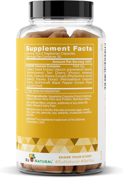 Purge Uric Acid Flush – Eat & Drink What You Want – Detox and Cleanse with Celery Seed Extract, Tart Cherry & Chanca Piedra for Effective Joint Support & Active Mobility – 60 Soft Vegan Capsules