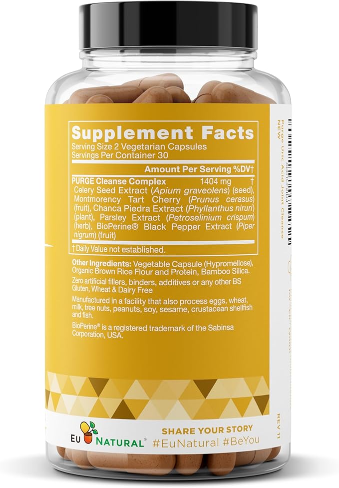 Purge Uric Acid Flush – Eat & Drink What You Want – Detox & Cleanse with Celery Seed Extract, Tart Cherry & Chanca Piedra for Effective Joint Support & Active Mobility – 120 Soft Vegan Capsules