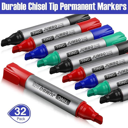 Fuutreo 32 Pcs Jumbo Permanent Markers Bulk Large Chisel Tip Permanent Markers Waterproof Jumbo Pens Quick Drying Office Teacher Supplies(Black, Green, Blue, Red)