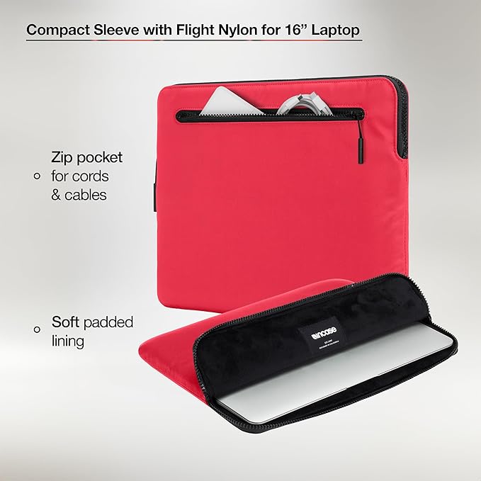 Incase Compact Laptop Sleeve with Flight Nylon - 16 Inch MacBook Pro and Laptop Case – Slim Computer Sleeve with Faux Fur Lining, Front Accessory Pocket with Zipper - Hibiscus Red