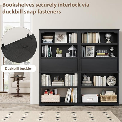 HIFYOBRO 71 inch Tall Bookcase, 5-Tier Open Display Storage Shelf, with Flip-Down Door on 3rd Book Shelf, 37 inch Wide Freestanding Bookshelves for Home, Office, Library (Black)