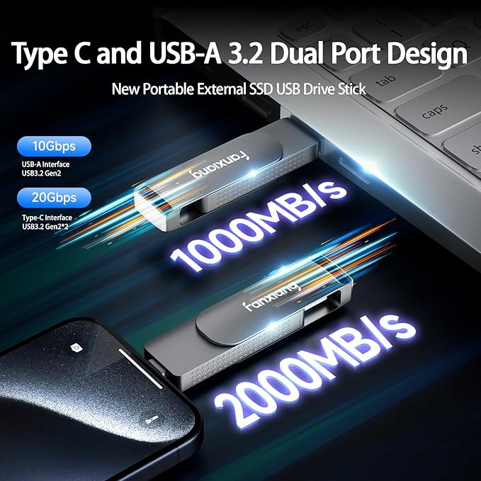 fanxiang 1TB External SSD USB Flash Drive Up to 2000MB/s USB 3.2 Gen2, 2-in-1 Dual USB Drive Type-C, Memory Stick Solid State Thumb Drive for iPhone 15/16 Pro/Android/Windows/MacPC/Laptops