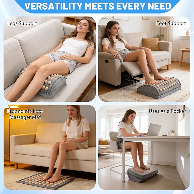 Foot Rest Under Desk at Work, Office Foot Tool Desk Accessories with Washable Cover, Home Spa Massage Wood Foot Acupressure Mat Top, Foam Footrest with 2 Adjustable Heights for Relax (Grey)