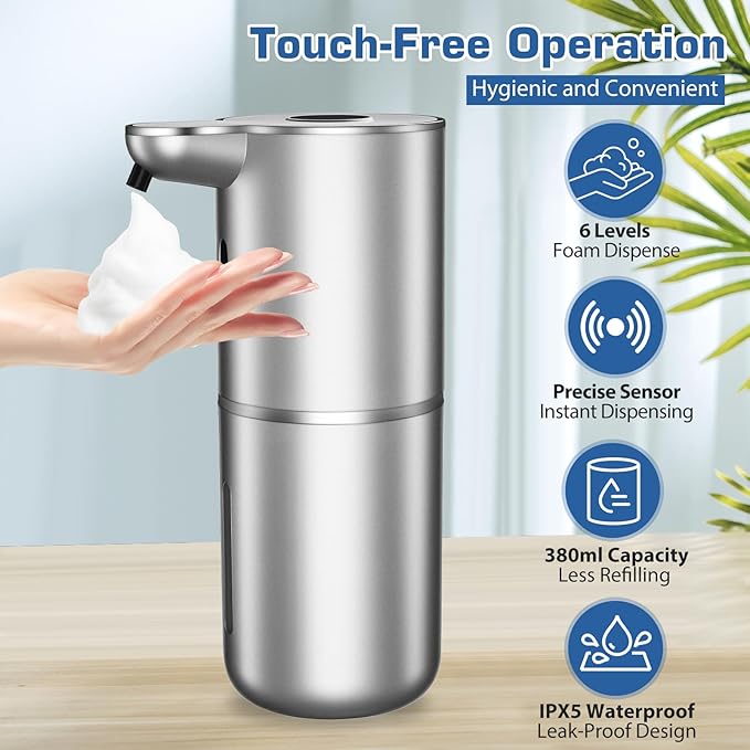 Automatic Foaming Soap Dispenser, LED Display Touchless Foam Hand Soap Dispenser for Bathroom Countertop, Kitchen, 6-Level Adjustable,380ML, Rechargeable (Silver)